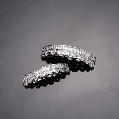 Baguette Teeth Grillz Set For Unisex Top Bottom Iced Out Cubic Zircon Stone Brass Material Hip Hop