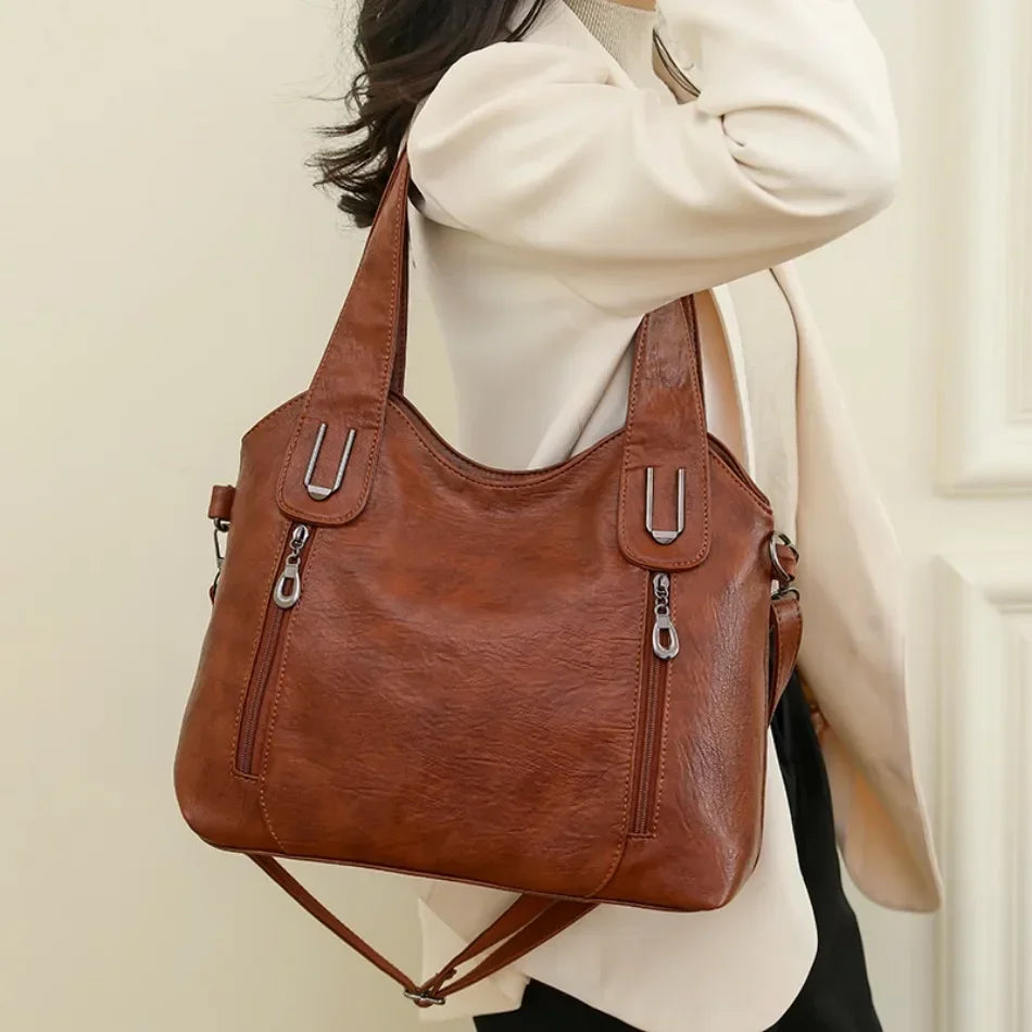 Solid Color Handbag Soft Leather Tote Bag Casual Big Shoulder Messenger Bags