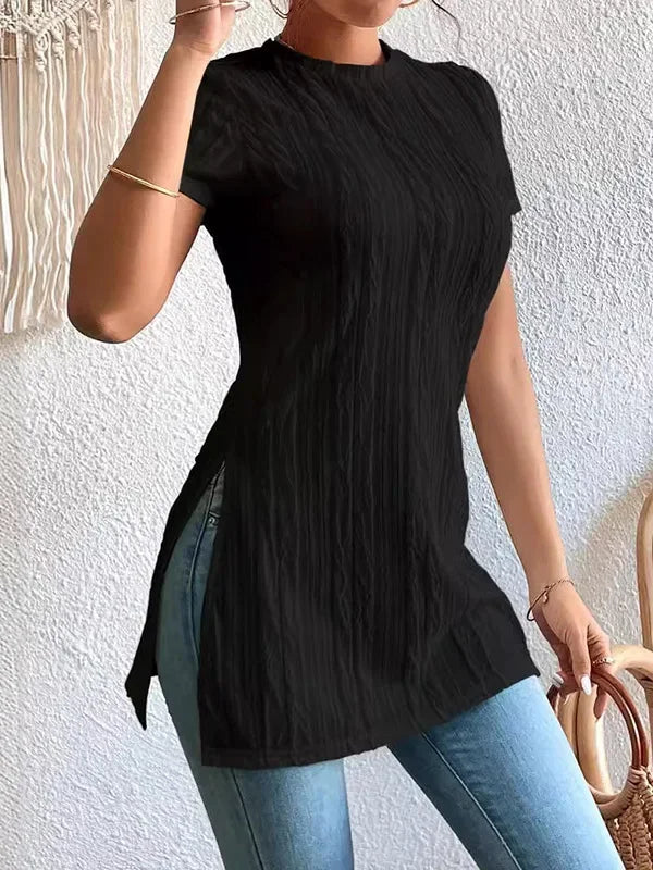 Simple Solid Color Pleated Top Short Sleeves Split-Side Urban Casual Daily T-Shirt