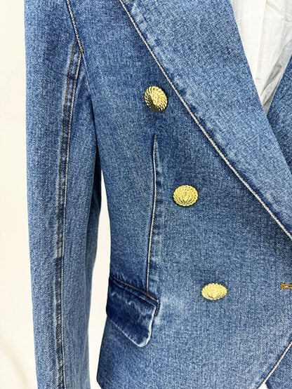 Women'S Double Breasted Slim Fit Denim Blazer Long Sleeve Jean Jacket High Waisted Pencil Mini Skirt Set
