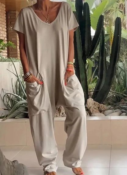Loose Solid Color Jumpsuit Fashion Casual V-neck Short Sleeved Large Pocket Jumpsuits