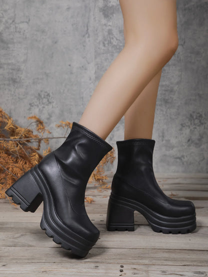 Short Boots Women Leather Boot Square toe casual Zipper high heels Casual thick soled