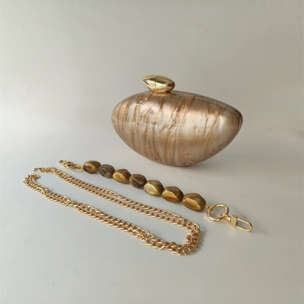 Shell Brand Pearl Brown Marble Acrylic Box Clutches Evening Bag Bridal Handbag
