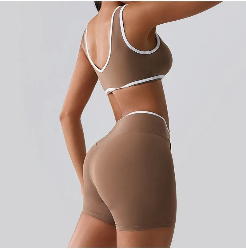 Seamless Yoga Sets Sports Fitness cross waist  Waist Hip-lifting Shorts Bra Suit