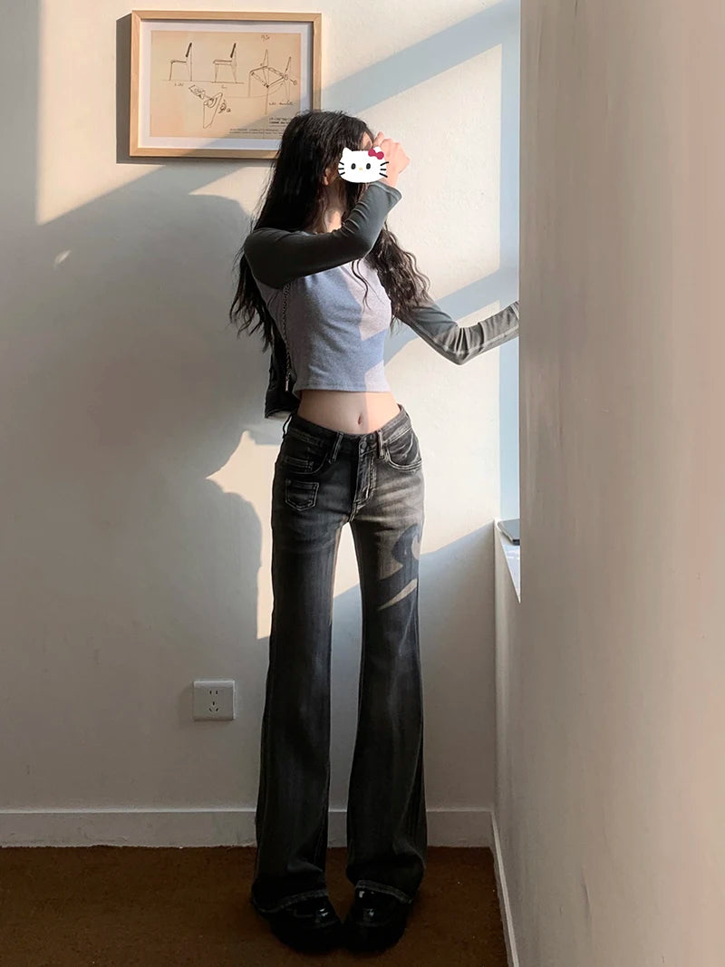 Women Gothic Y2k Flare Jeans Harajuku Baggy Denim Trousers 90s Aesthetic Low Waist Jean Pants Vintage 2000s Trashy Clothes 2024