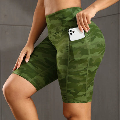Solid Yoga Shorts with 3 Pockets High Waist Butt Lifting Elastic Cycling Shorts Activewear