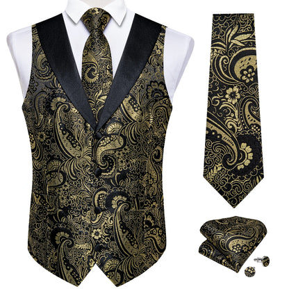 Men's Paisley Silk Suit Vest with Macthing Golden Paisley Neck Tie Handkerchief Cufflinks Wedding Prom Tuxedo Waistcoat
