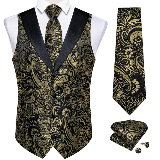 Men's Paisley Silk Suit Vest with Macthing Golden Paisley Neck Tie Handkerchief Cufflinks Wedding Prom Tuxedo Waistcoat