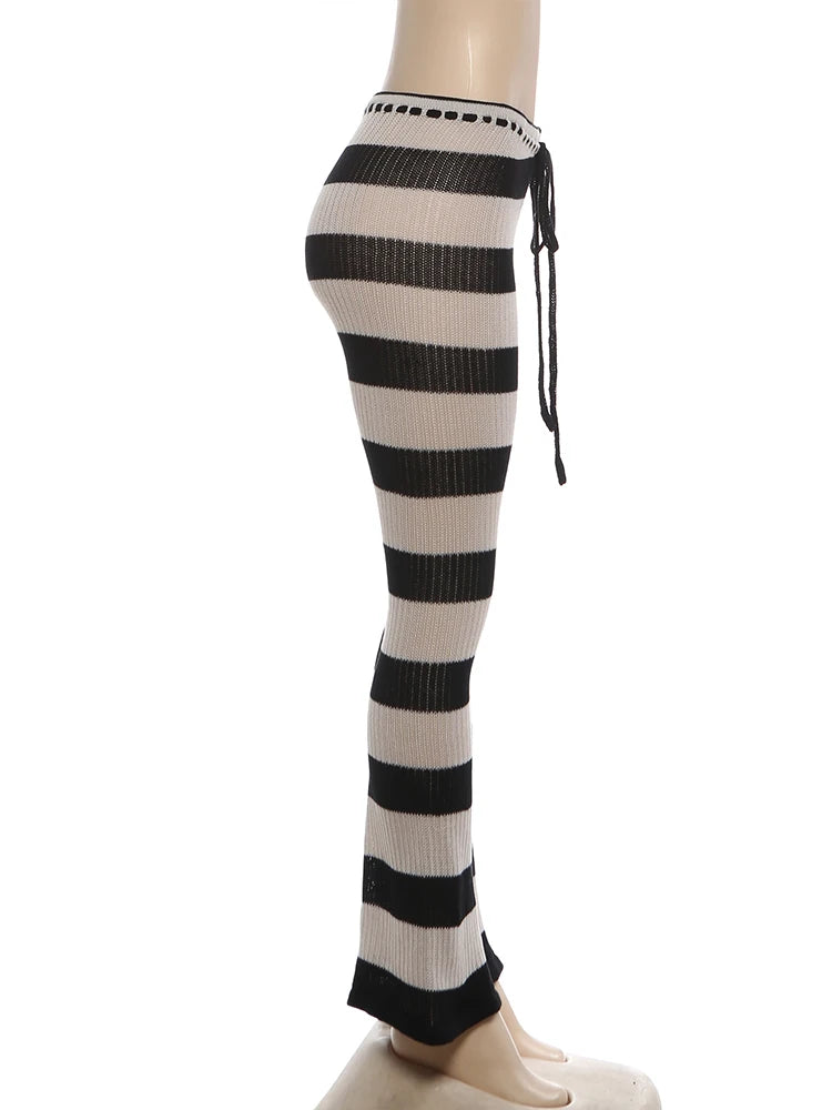 Kliou Stripe Patchwork Long Pants Woman Autumn Trend Crochet Shirring Elastic High Waist Skinny Peach Hip Street Style Bottoms