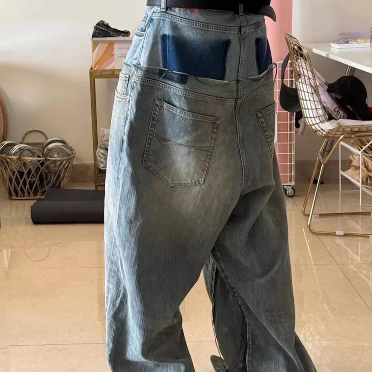 CUT-UP Double-layer Double Waist Patchwork Baggy Jeans for Men and Women Straight Casual Loose