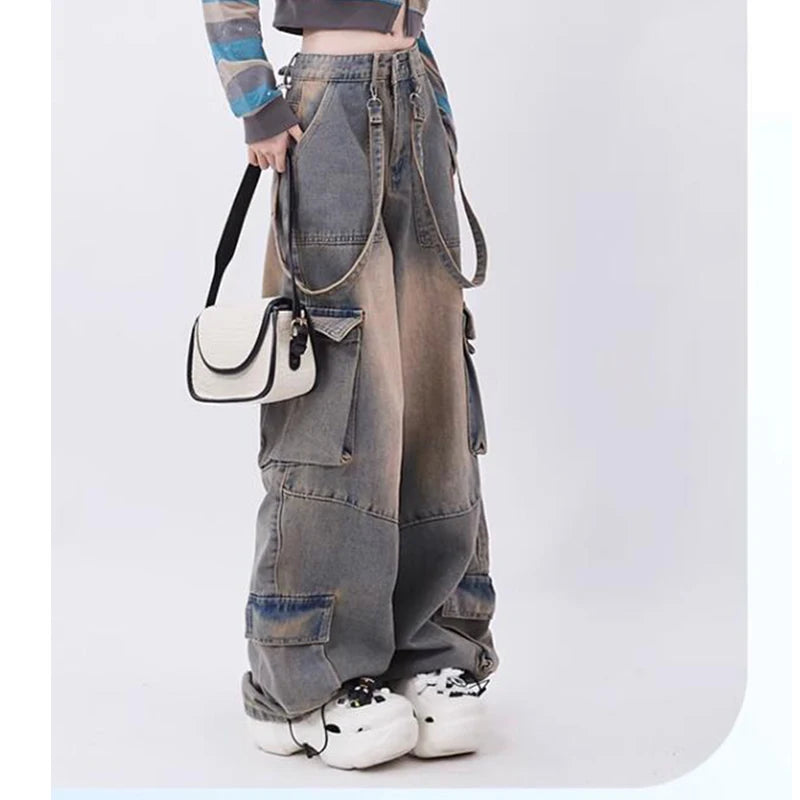 Women Blue Oversize Cargo Jeans Harajuku Vintage Baggy Y2k Denim Trouser 90s Aesthetic Wide Jean Pants 2000s Trashy Clothes 2024