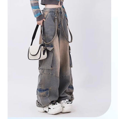 Women Blue Oversize Cargo Jeans Harajuku Vintage Baggy Y2k Denim Trouser 90s Aesthetic Wide Jean Pants 2000s Trashy Clothes 2024