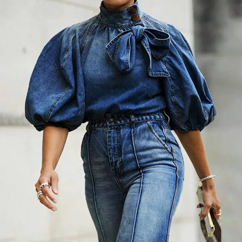 Women Denim Top Turtleneck Splice Puff Sleeve Shirts Loose Solid Pullovers Casual