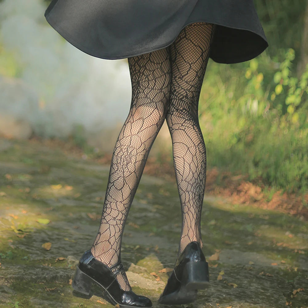 Goth Fishnet Pantyhose Spider Web Patterned Hollow Out Mesh Tights