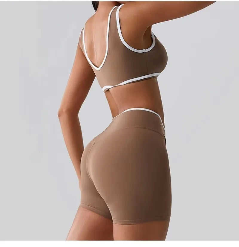 Seamless Yoga Sets Sports Fitness cross waist  Waist Hip-lifting Shorts Bra Suit