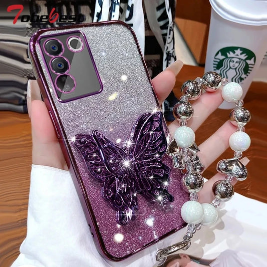 3D Butterfly Phone Holder Bead bracelet Glitter Plating Case for Samsung Galaxy A14 A24 A34 A54 A15 A25 A35 A55 4G 5G Cover