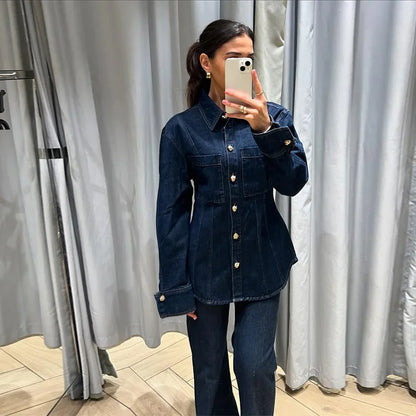 Street Denim Shirt Set Women Lapel Waist Up Long Sleeve Single Breasted Pocket Jacket Lady Jean Outfit set / M set / L pant / L set / M-set / L-pant / L-set / S-pant / S-pant / M-top / M-top / L-top / S-
