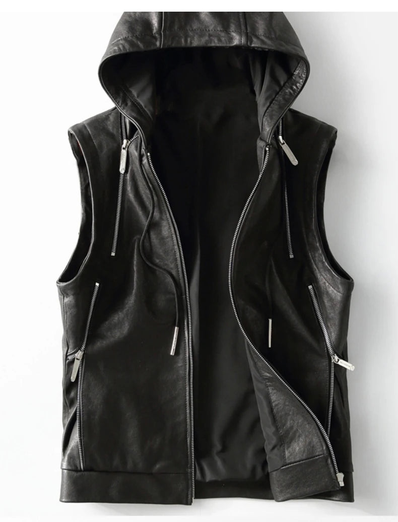 Mauroicardi Spring Autumn Luxury Elegant Cool Black Pu Leather Vest for Men with Hood Zipper Sleeveless Jacket Men Clothing 2023