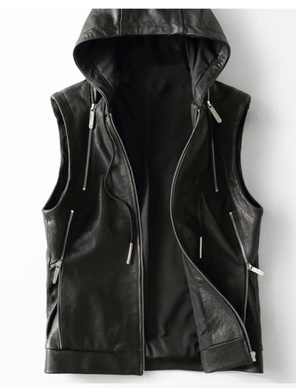 Mauroicardi Spring Autumn Luxury Elegant Cool Black Pu Leather Vest for Men with Hood Zipper Sleeveless Jacket Men Clothing 2023