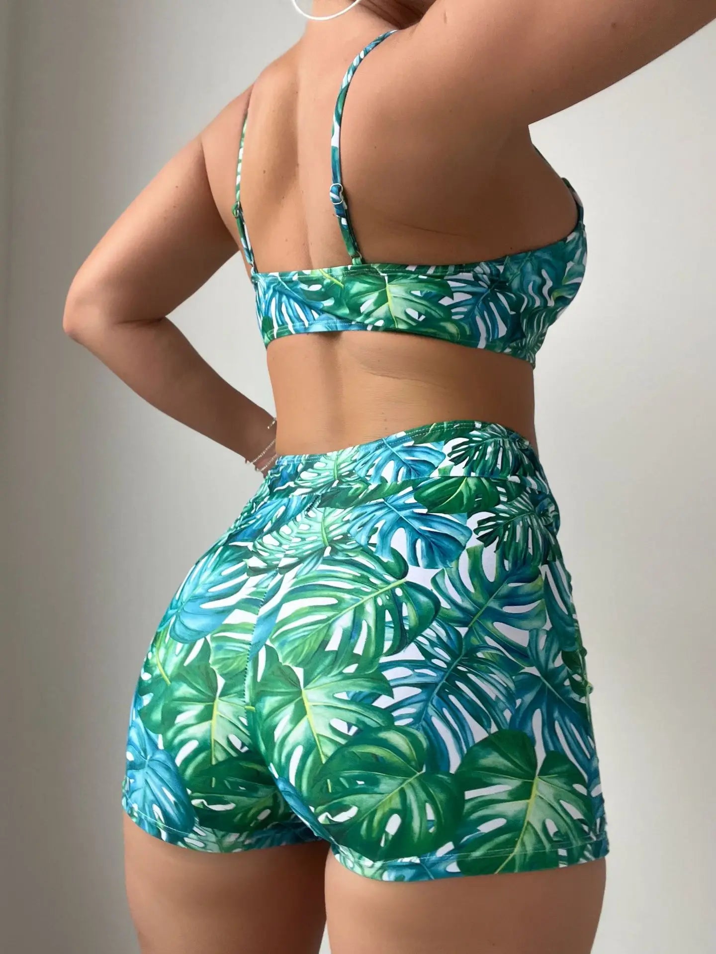 Green Leaf Print 2 Piece Swimsuit High Waist U-neck Suspender Backless Swimwear