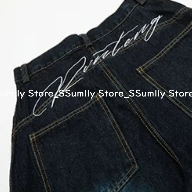 Embroidery Stitched Jeans Women Summer Loose Retro High Waisted Pants Y2k Design Wide Leg Cropped Shorts