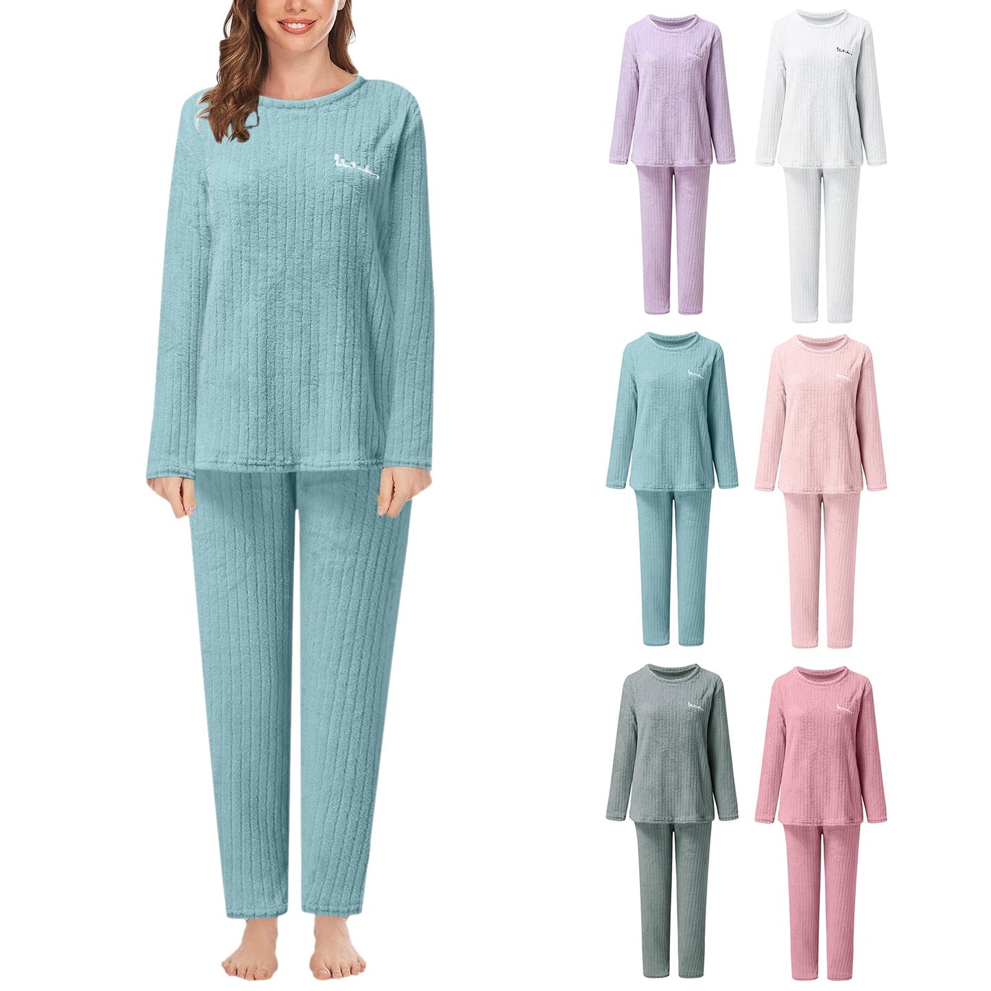 Thick Plush Fleece Fuzzy Pajama Sets Cozy Oversized Pullover Pants Sets Solid