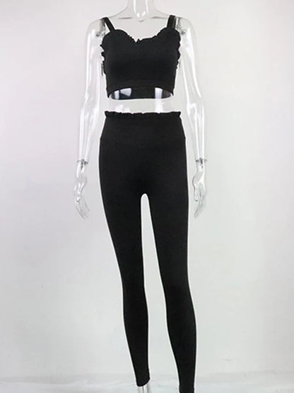 Solid Color Wood Ear Bra & Hip-Lifting High Waist Leggings Pants Fitness Yoga Two Pieces Set