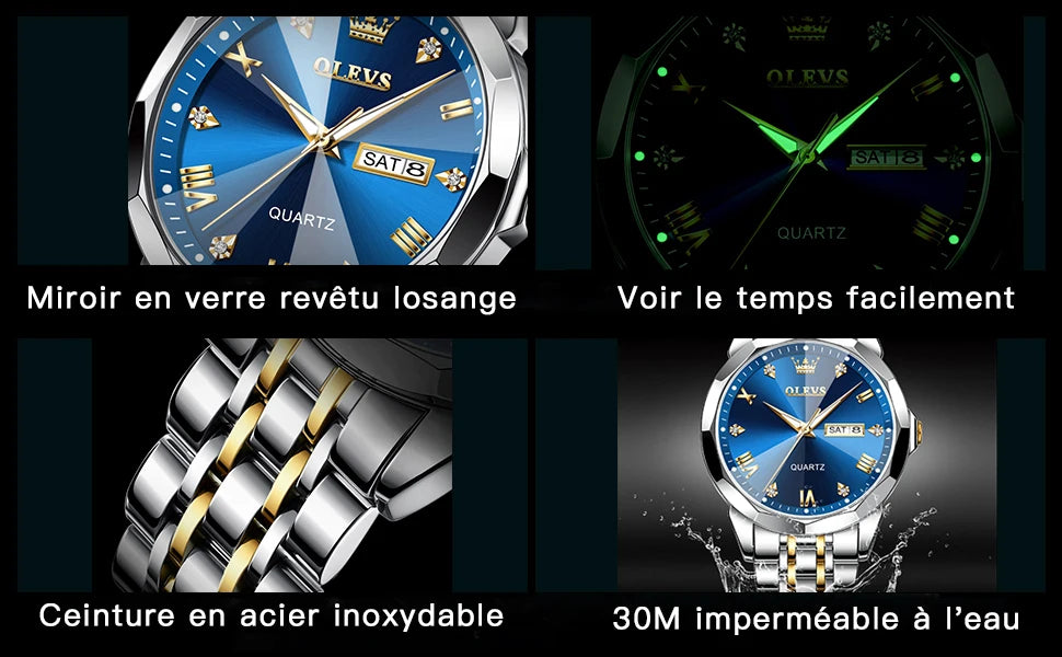 Gold Original Quartz Wristwatch Waterproof Luminous Watch for Male Rhombus Mirror Date Week