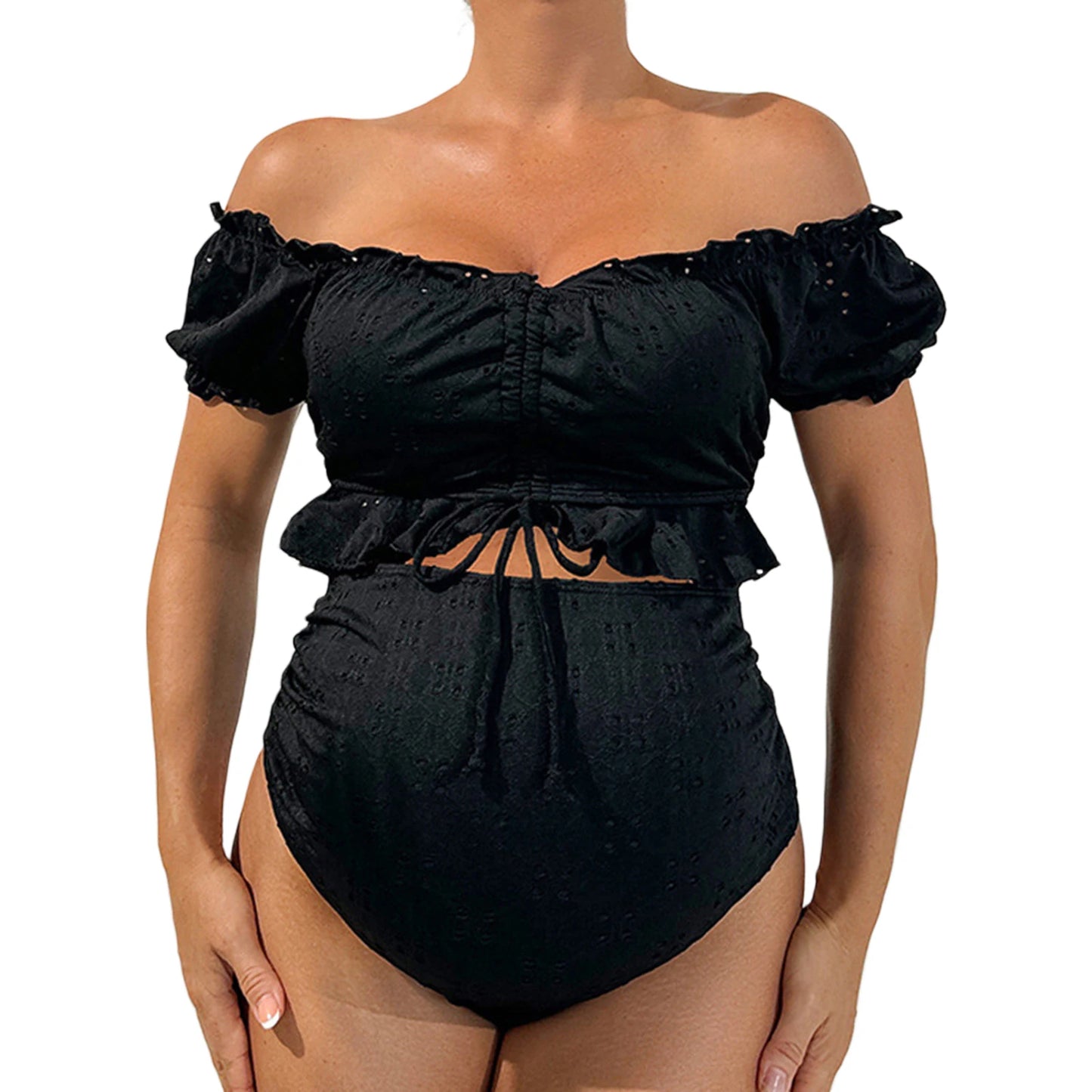 Maternity Tankini Swimsuit High Waisted 2 Pieces Bikini Set Solid Color Off Shoulder