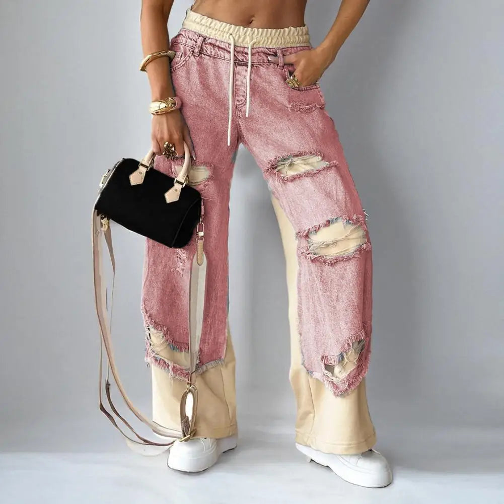 Women's Large Hole Patchwork Jeans High Waist Wide Legs Casual Bottoms Denim