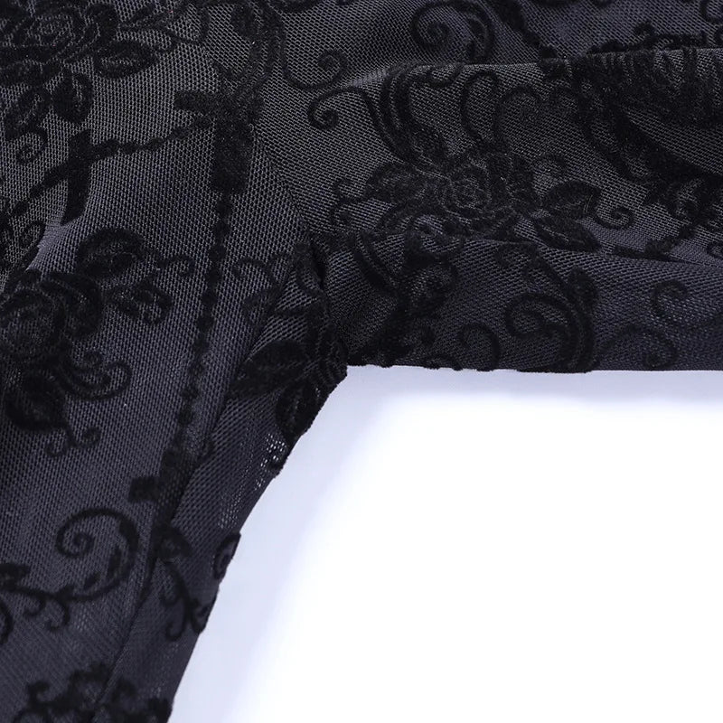 Goth Dark Gothic Flare Pants Grunge See Through Mesh High Waist Women