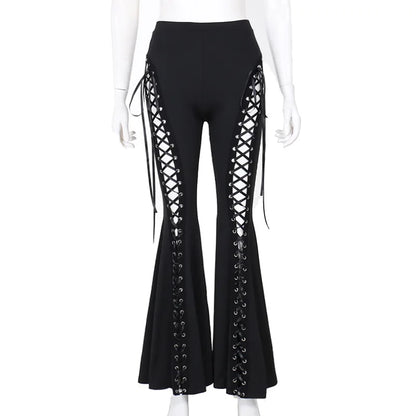 Dark Black Punk Flared Pants Long Trouser Women Lace Up Front Hollow Cut Out Bell Bottom Tied Up High Waist