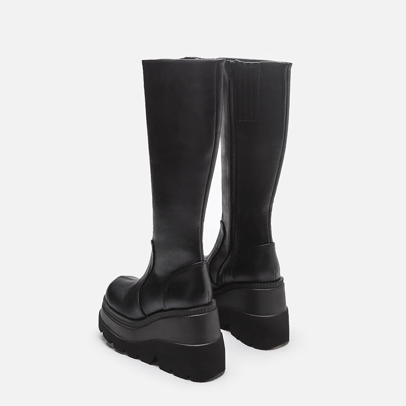 Wedge-heeled Mid-tube Boots Ladies Gothic Style Thick-soled Motorcycle Boots