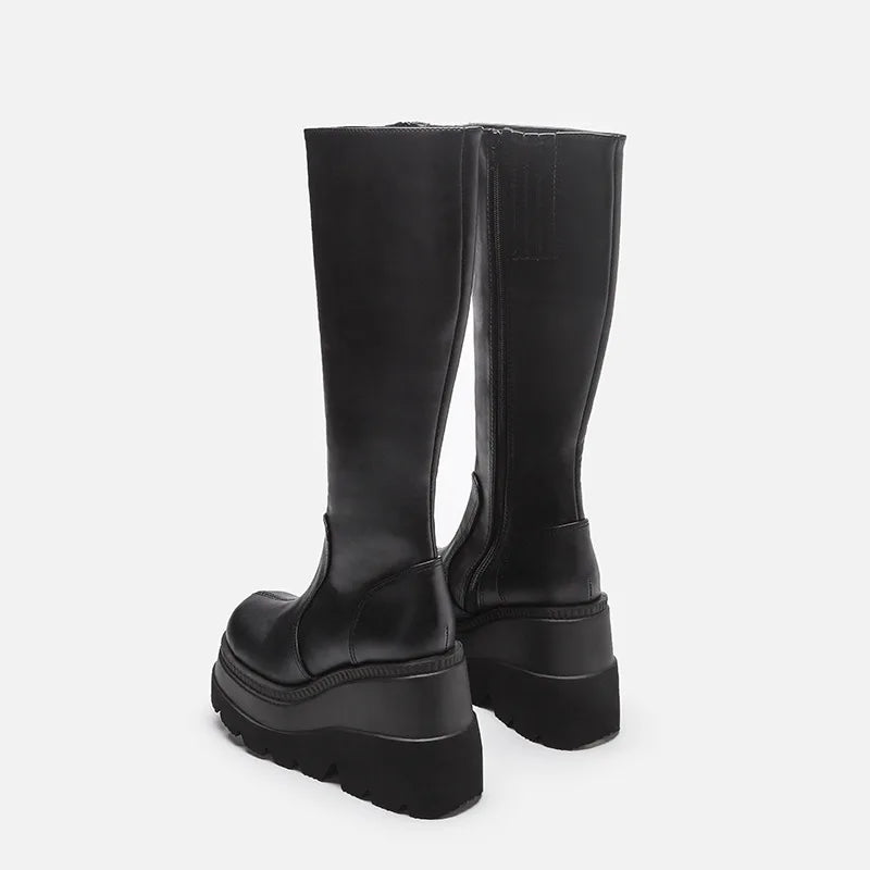 Wedge-heeled Mid-tube Boots Ladies Gothic Style Thick-soled Motorcycle Boots