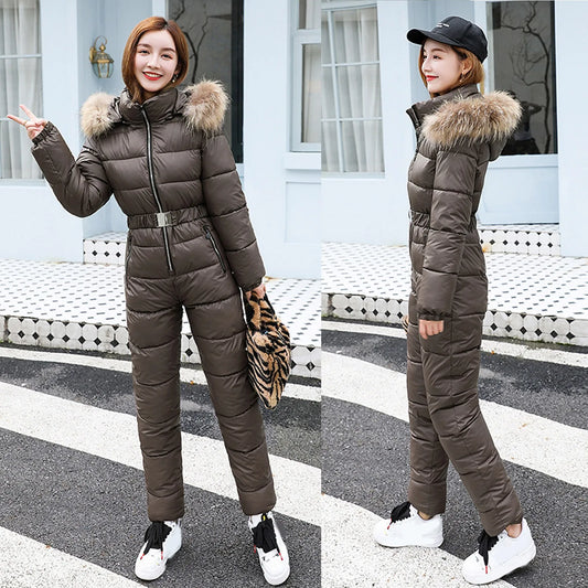 One Piece Outfit Ski Suit Winter Jumpsuit Parka Hooded Cotton Bodysuit Zipper