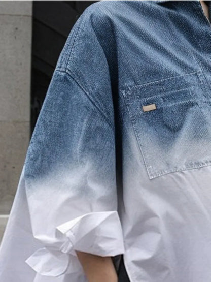 Women Shirt Lapel Collar Long Sleeves Buttoned Loose Fit Casual T-shirt Summer Gradient Color Split-Side Blouse