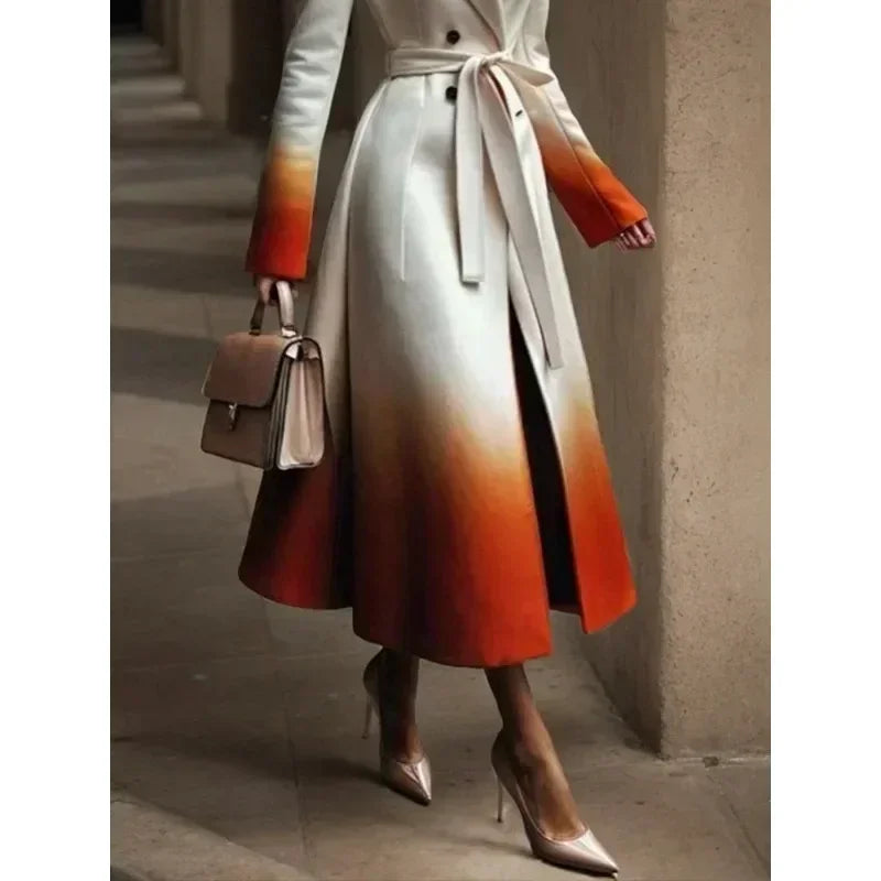 Warm Woolen Coats Long Sleeves Tied Waist Notched Collar Elegant Outerwear