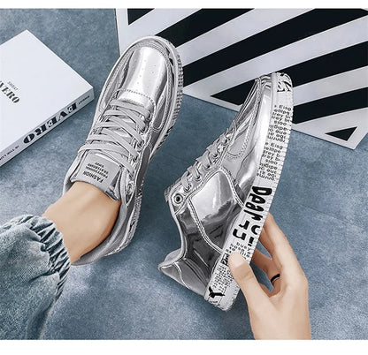 Brand Fashion Mirror Luxury Shoes for Men Women Glitter Leather Shoes Casual Men Golden