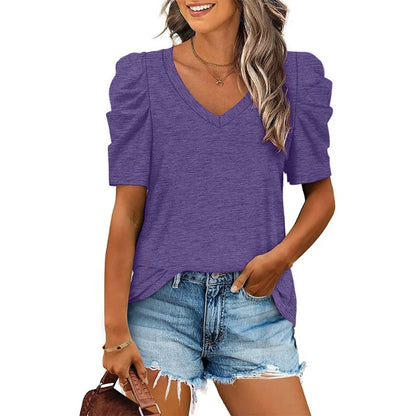 Women's Casual Summer Top Puff Short Sleeve Tee Shirt Cotton Pullover Blouse V-neck Solid Color Loose