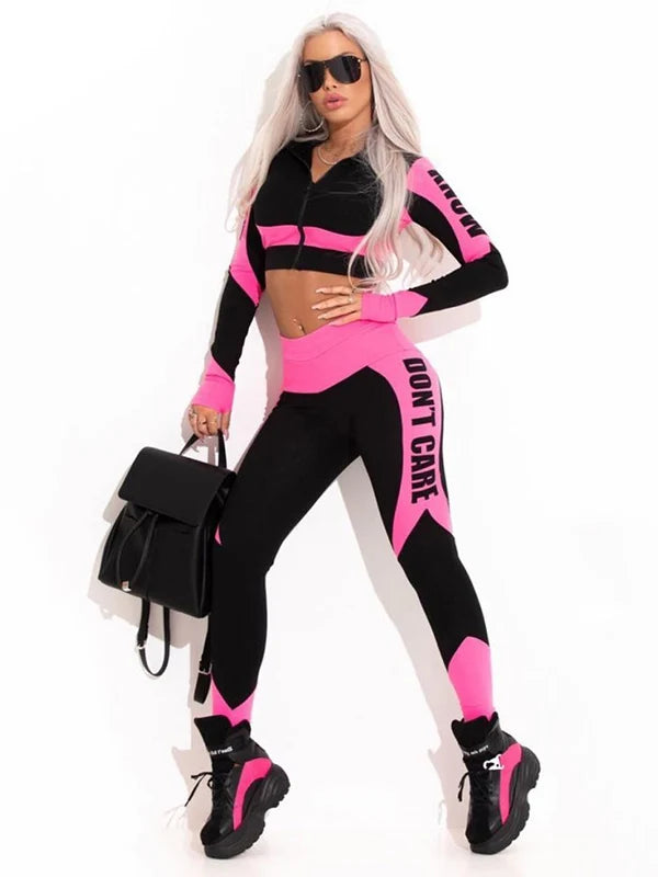Long Sleeves Zipper Tops & Letter Print Leggings Sports Yoga Suits Activewear For Women
