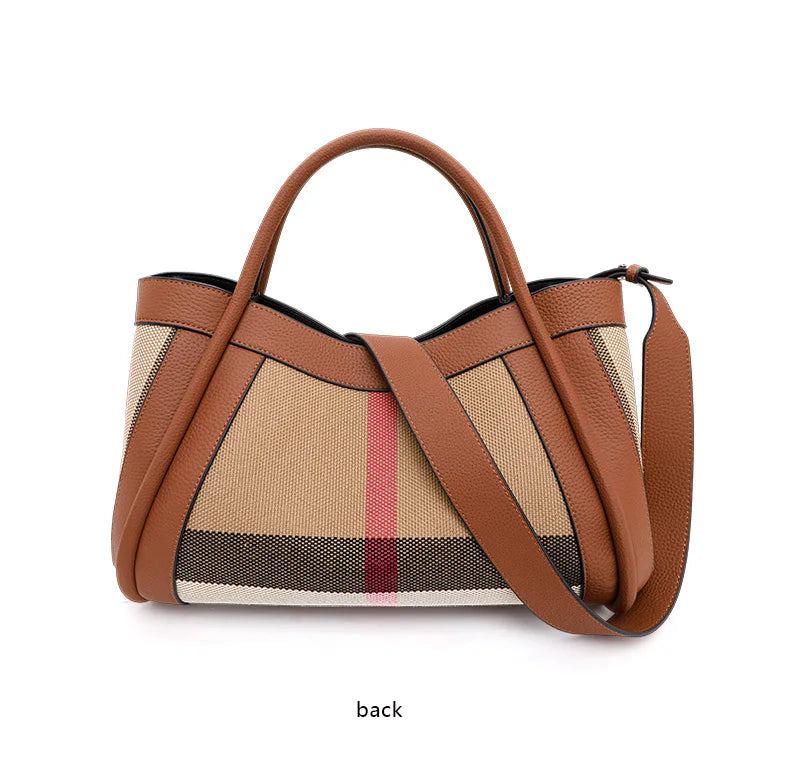 checkered women's handbag, large capacity luxury bag, canvas genuine leather bag