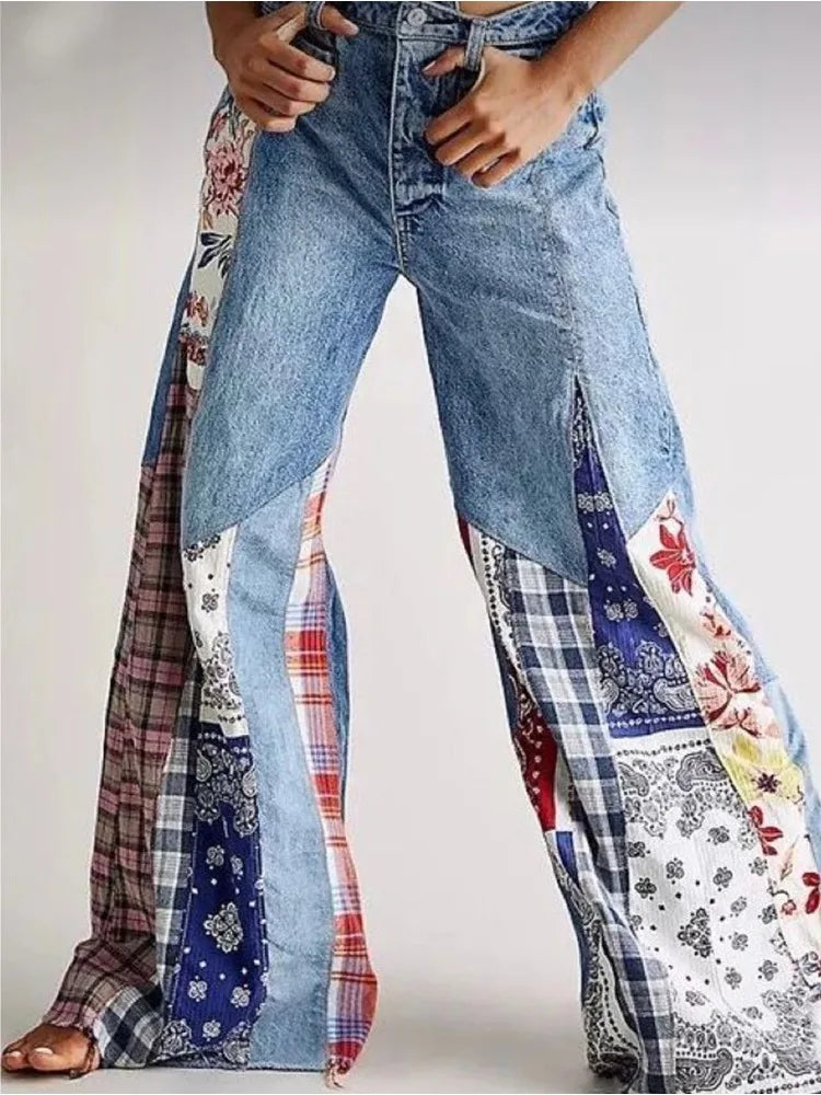 High Waisted Wide Leg Jeans Casual Patchwork Retro Y2K Pants Trousers