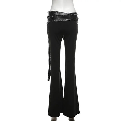 Punk Grunge Hoge Taille Flare Broek Effen Alt Streetwear Vrouwen Mall Gothic Casual Broek Met Kunstleer Riemen Slank