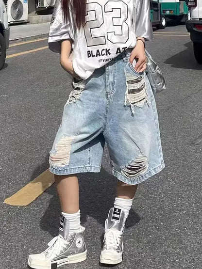 Women's Blue Casual Y2K Harajuku High Street Vintage 2000S Style Wide Leg Denim Shorts Fashionable Streetwear Short Pants 2026