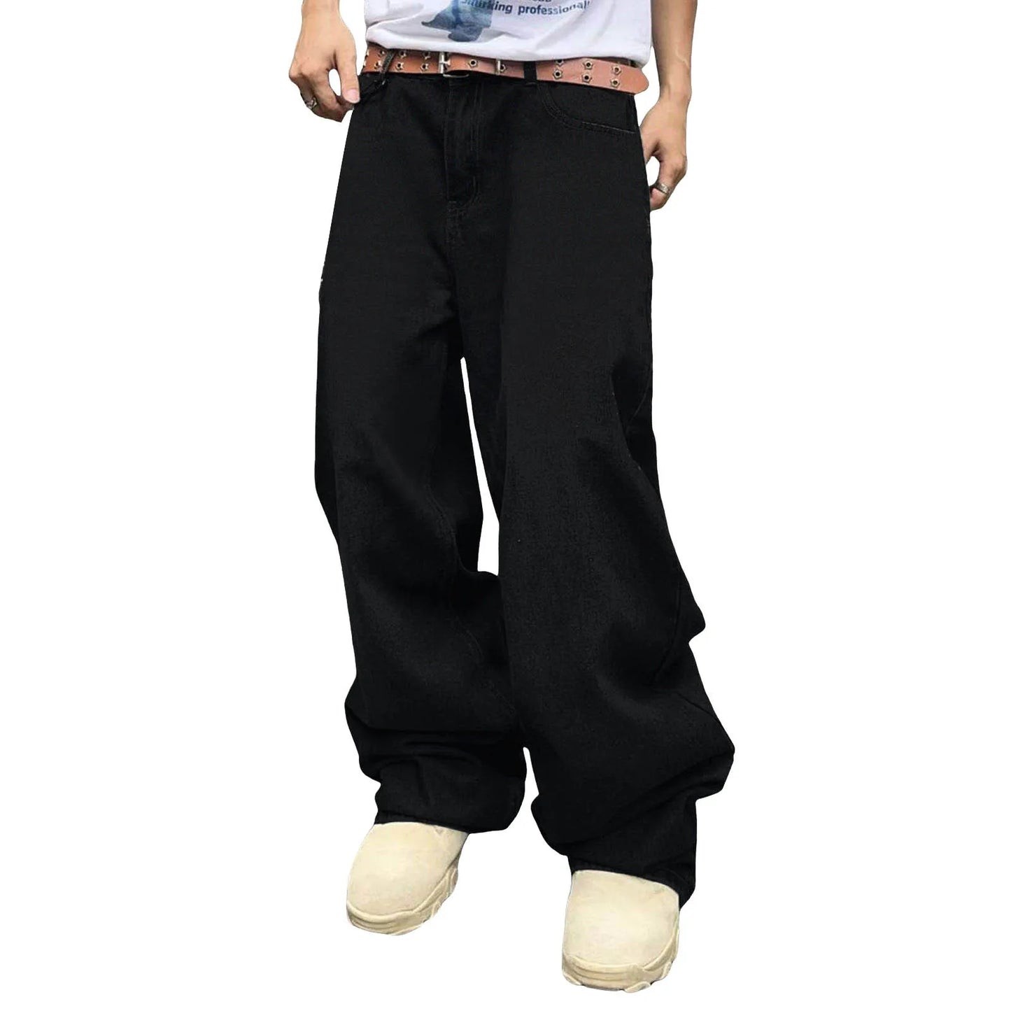 Men'S Baggy Hip Hop Jeans Wide Leg Skater Denim Pants Casual Loose Fit Long Trousers