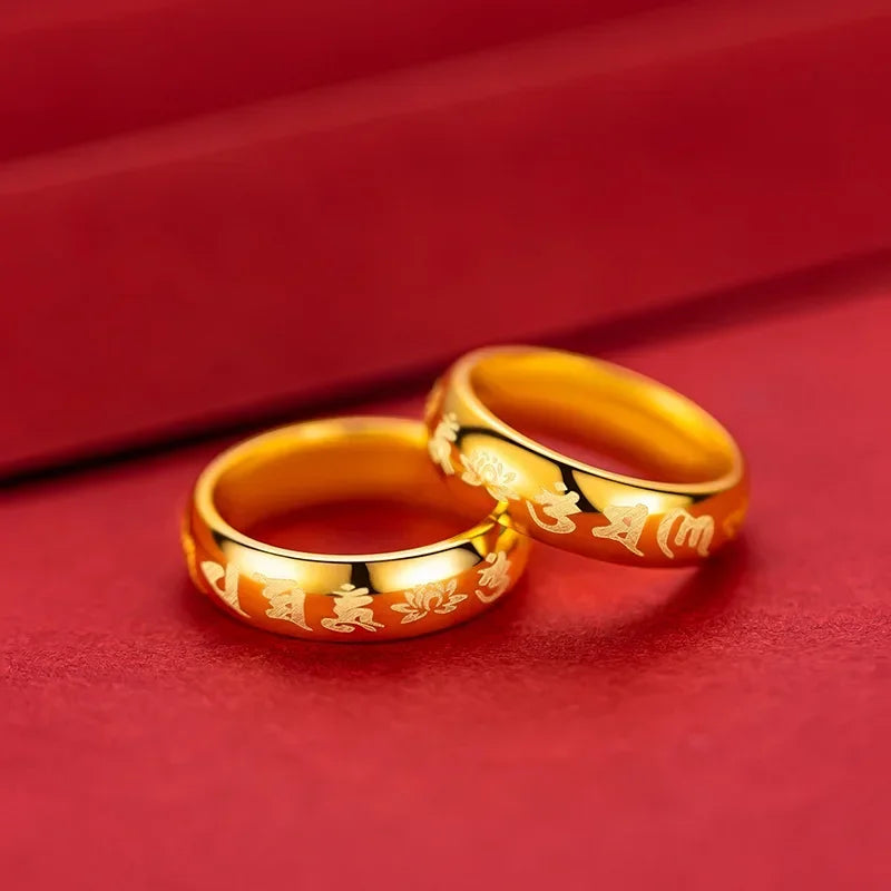 9999 Real Gold 24K Yellow Gold Six-character Mantra Ring Daming Mantra for Men and Women Couples Ring