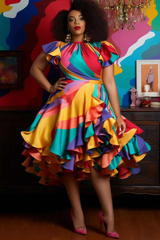 Pleated A-Line Ruffle Dress Plus Size Multicolor Round Neck Petal Elegant Sweet Satin Midi Dress