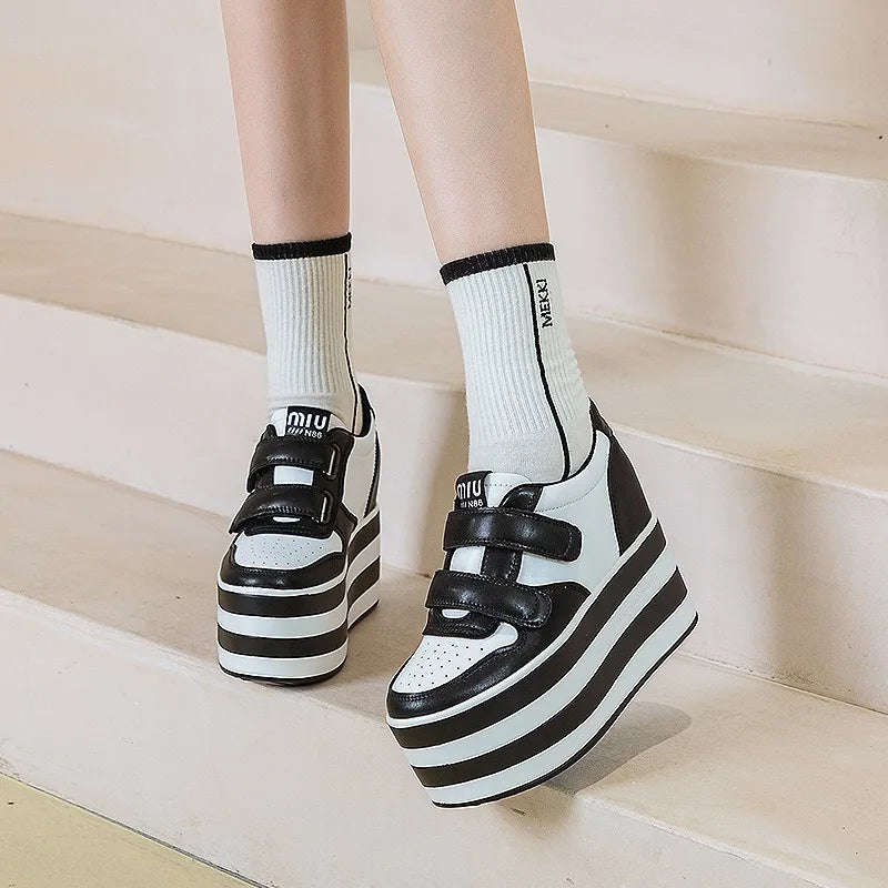 High quality 12cm Synthetic Genuine Leather Boot Ankle Platform Wedge High Brand Chunky Sneaker Shoes