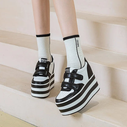 High quality 12cm Synthetic Genuine Leather Boot Ankle Platform Wedge High Brand Chunky Sneaker Shoes