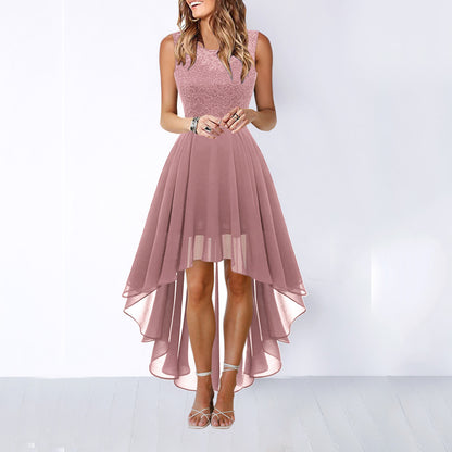 Lace Dress Bow Belt Irregular Length  Wedding Guest Sleeveless Bridesmaid Cocktail Party